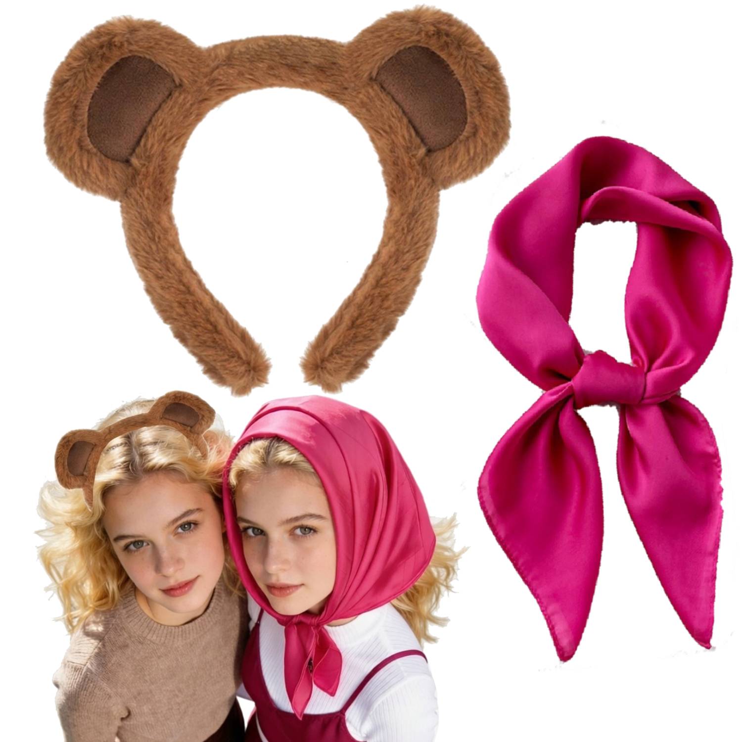 2-Piece Fuchsia Headscarf & Bear Ears Headband