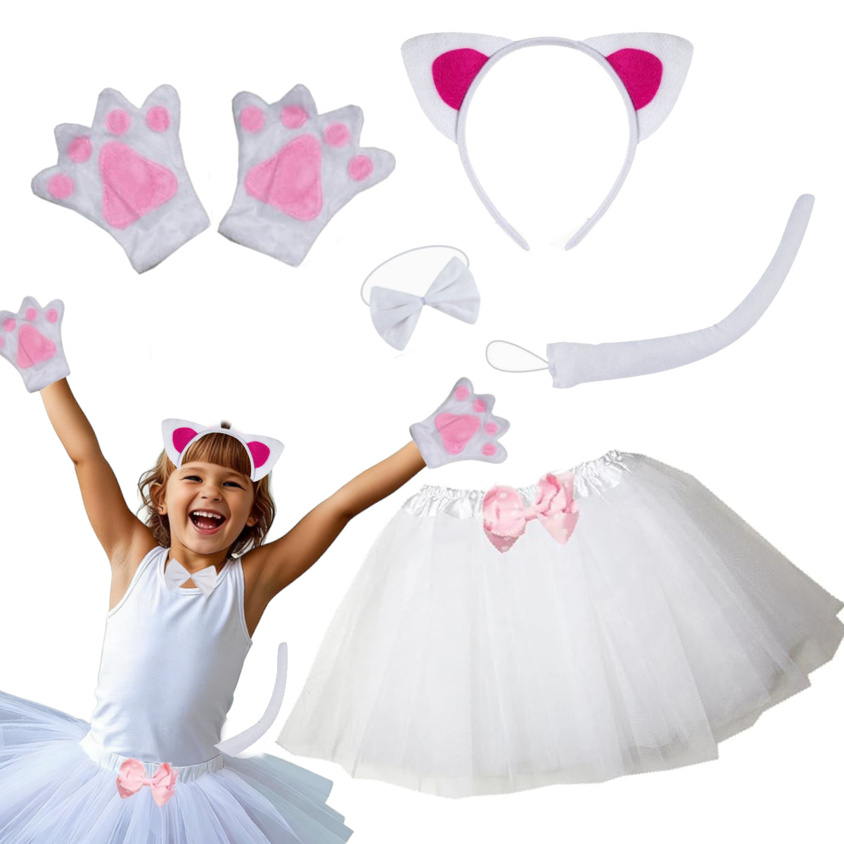 Kids White Cat Costume 6-Piece Set
